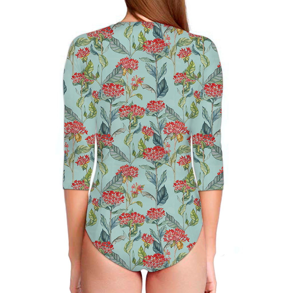 Bouvardia Pattern Print Long Sleeve Swimsuit