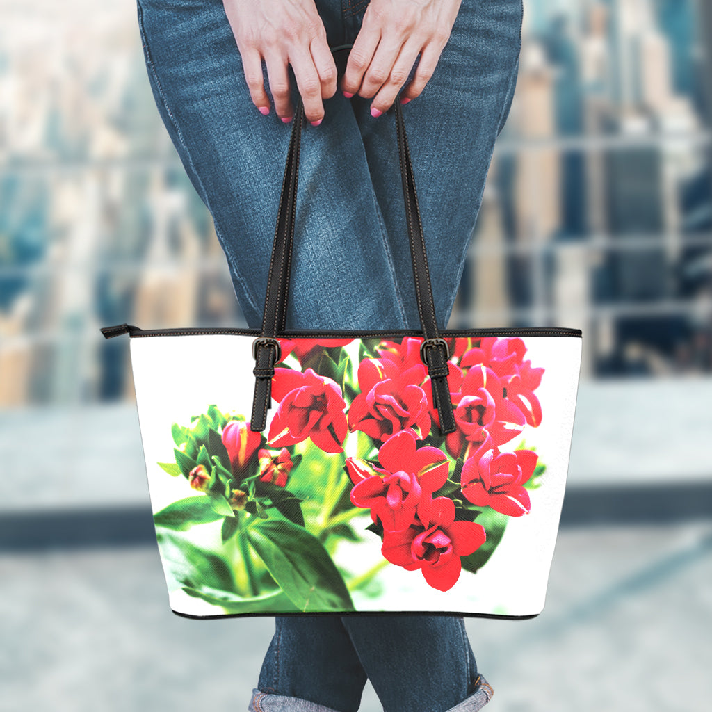 Bouvardia Plant Print Leather Tote Bag