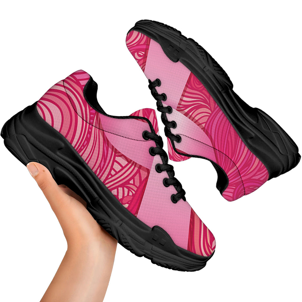 Breast Cancer Awareness Ribbon Print Black Chunky Shoes