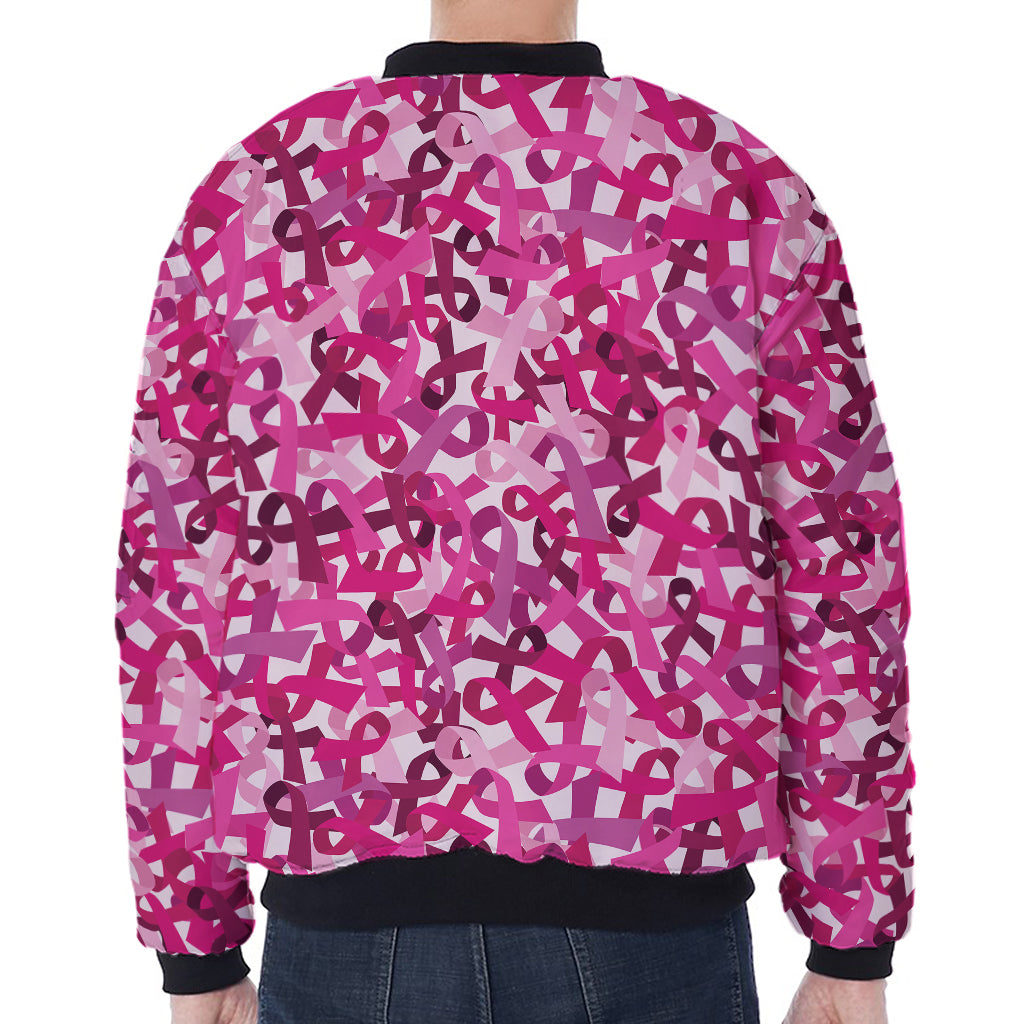 Breast Cancer Awareness Symbol Print Zip Sleeve Bomber Jacket