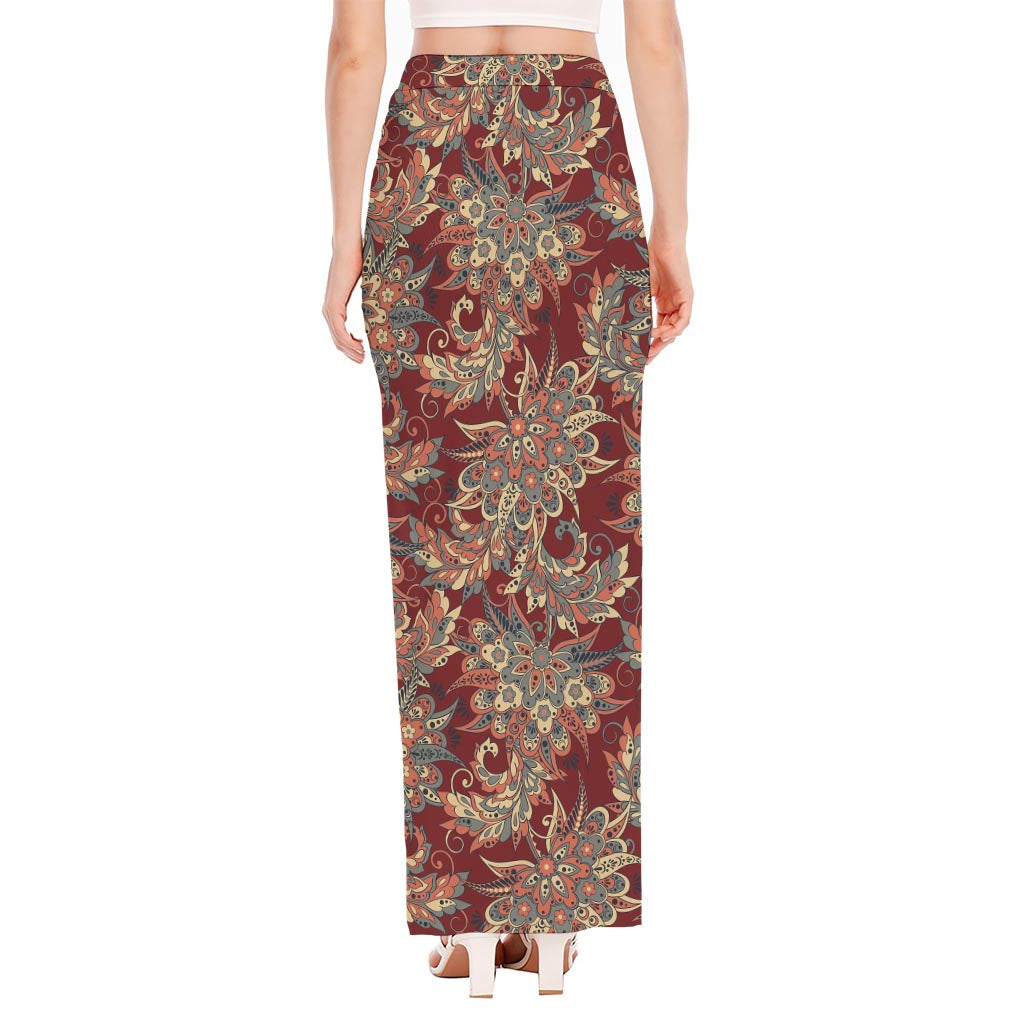 Brick Floral Bohemian Pattern Print High Slit Maxi Skirt