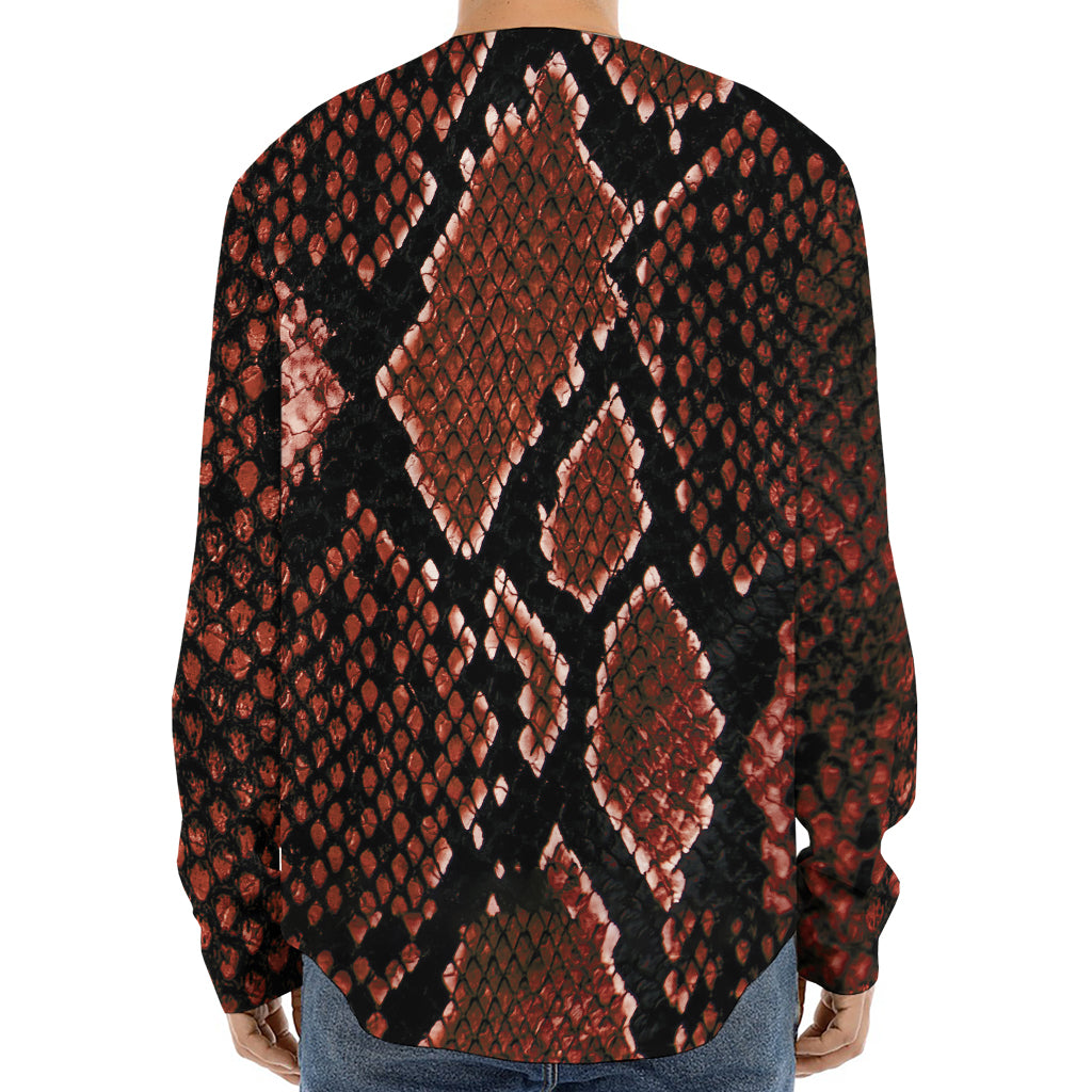 Brick Red Python Snakeskin Print Long Sleeve Baseball Jersey