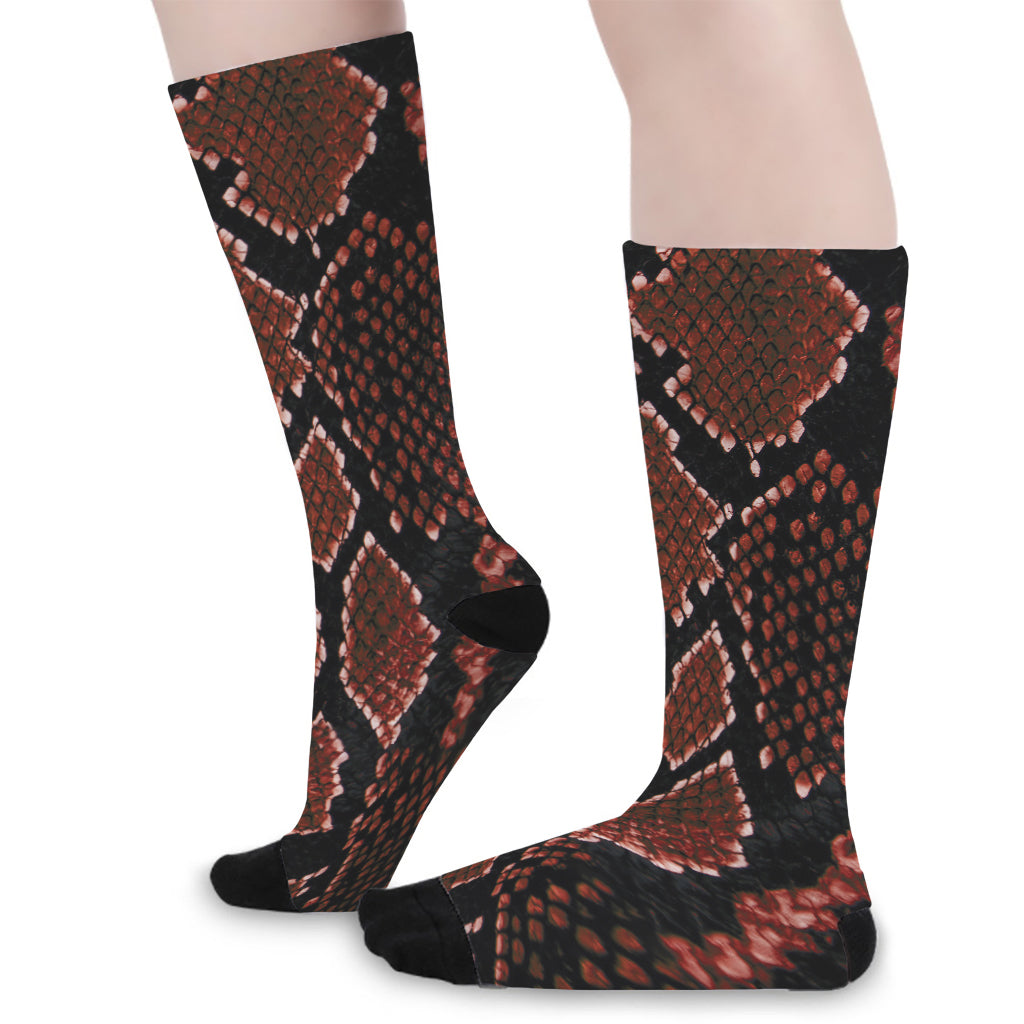 Brick Red Python Snakeskin Print Long Socks