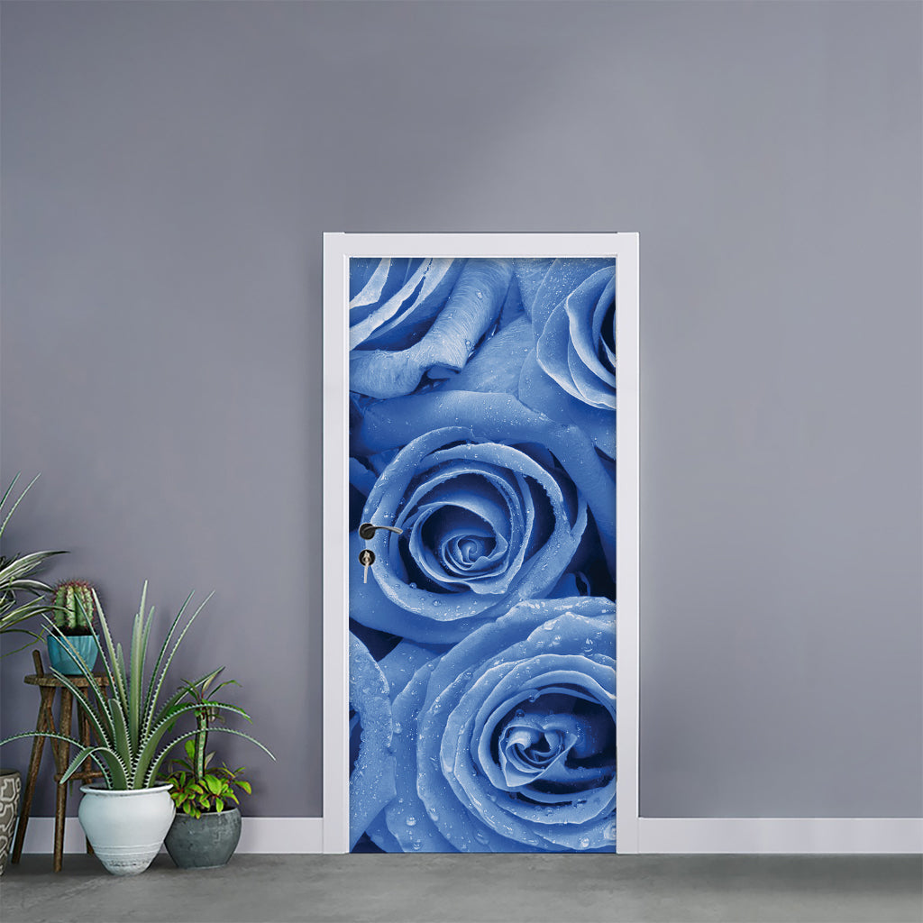 Bright Blue Rose Print Door Sticker