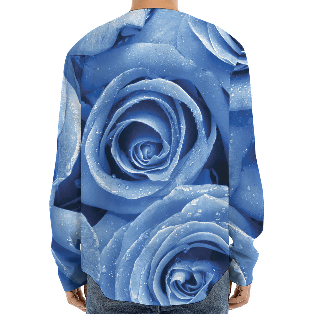 Bright Blue Rose Print Long Sleeve Baseball Jersey