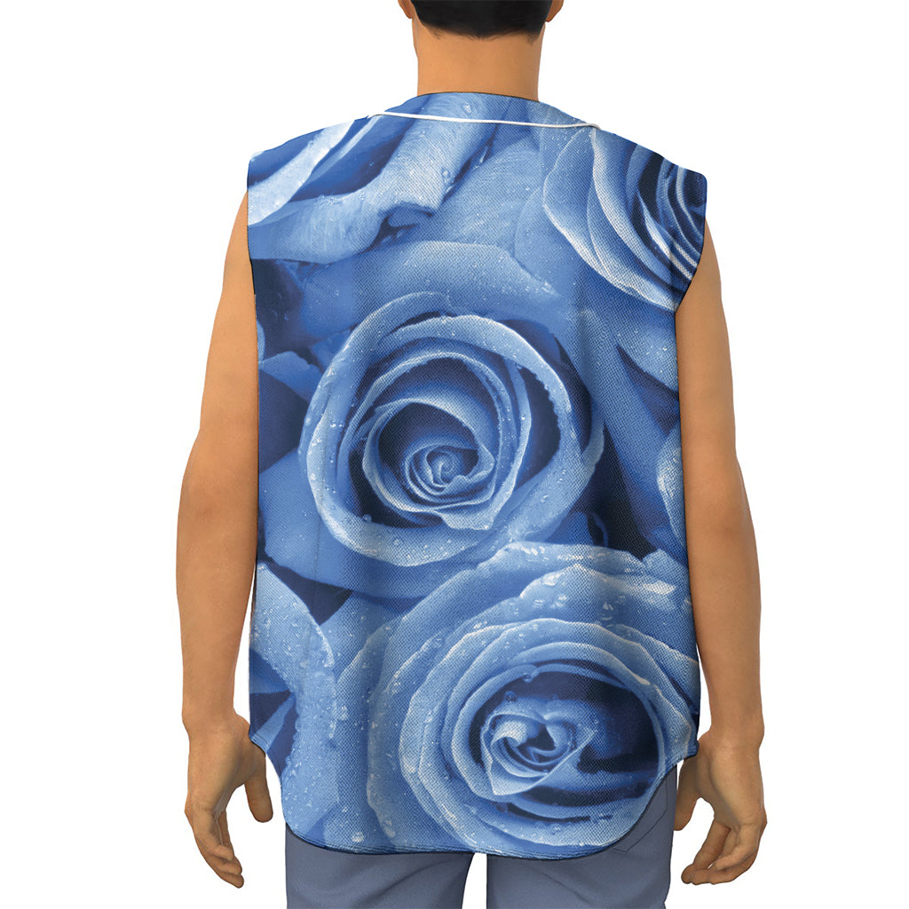 Bright Blue Rose Print Sleeveless Baseball Jersey