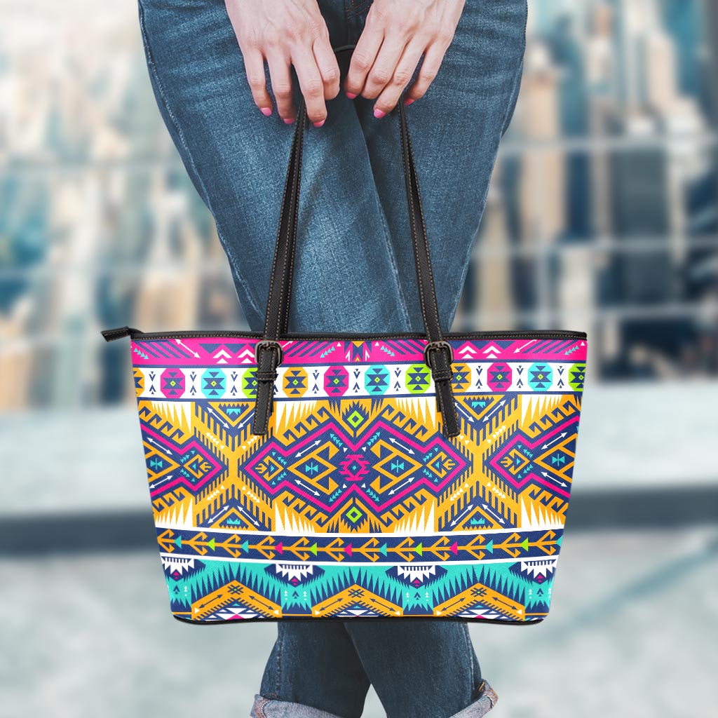 Bright Colors Aztec Pattern Print Leather Tote Bag