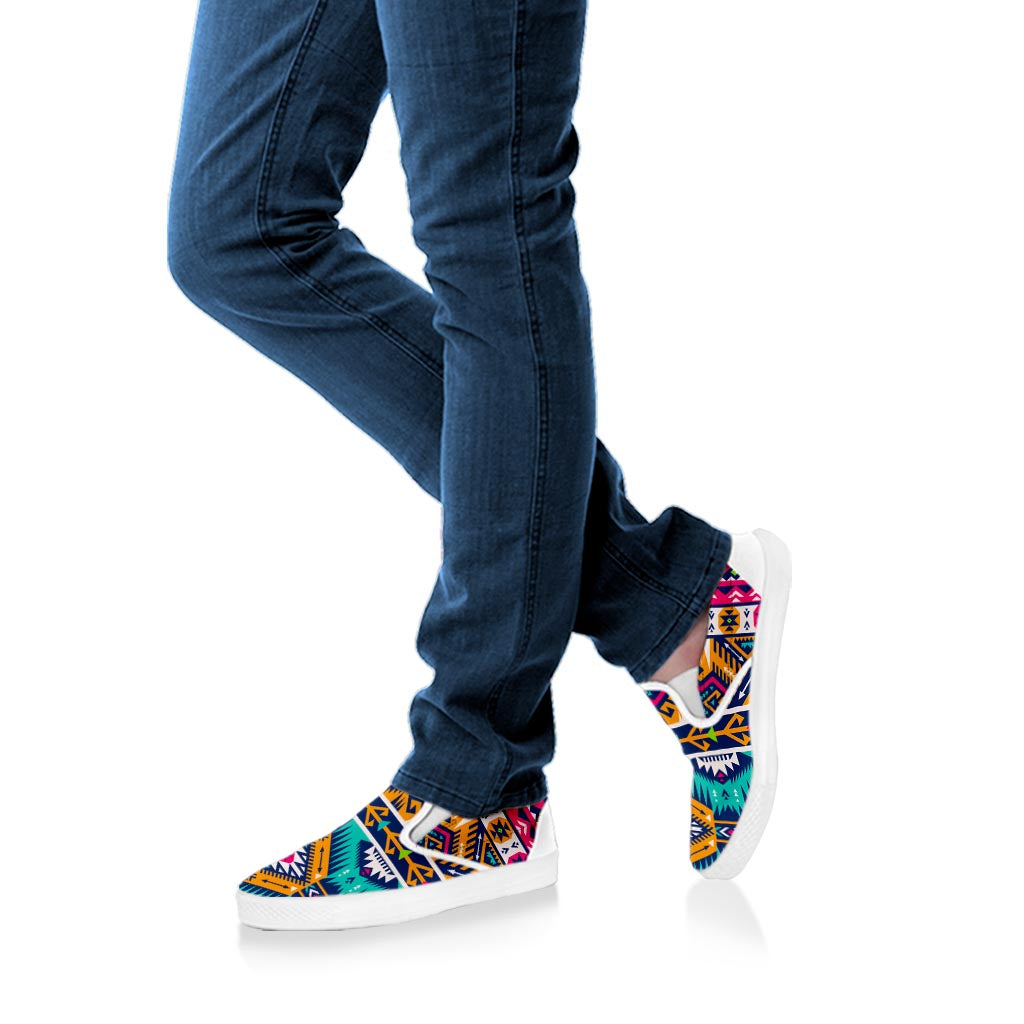 Bright Colors Aztec Pattern Print White Slip On Sneakers