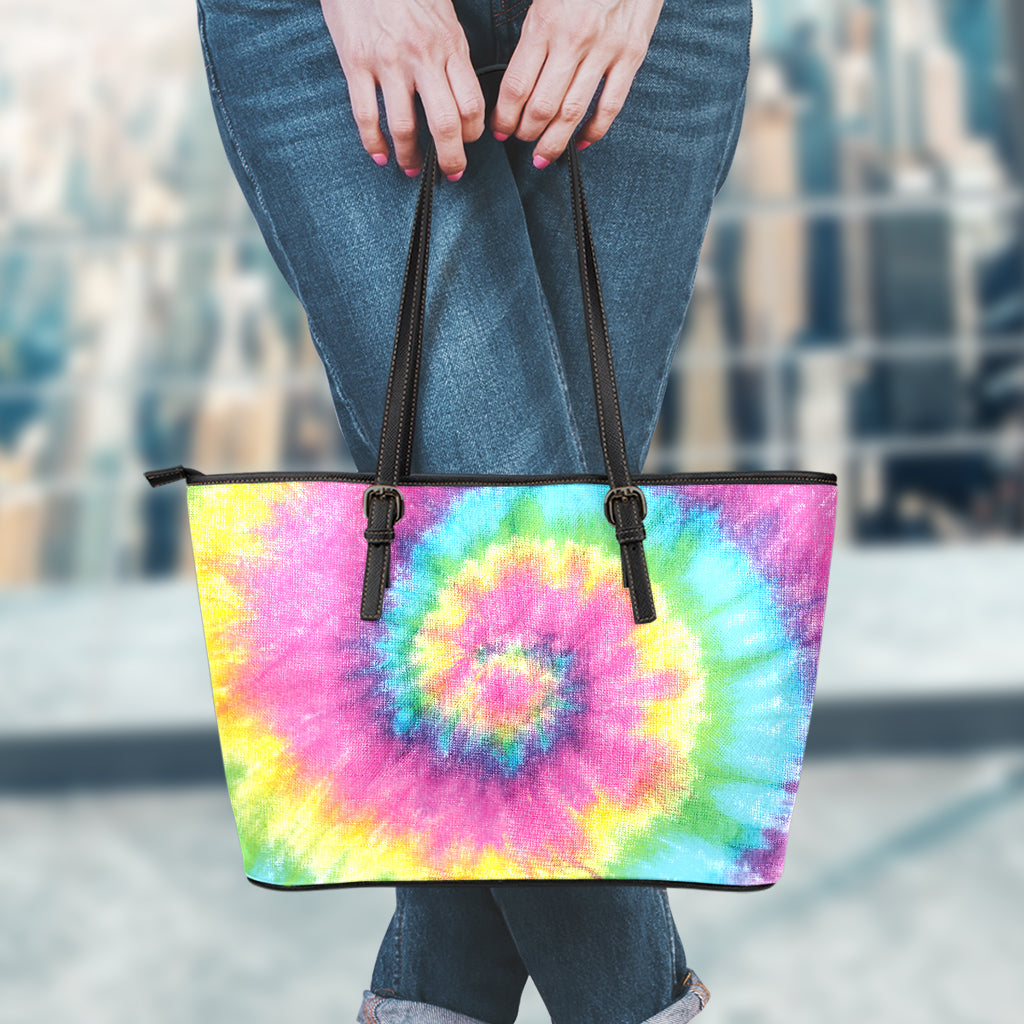 Bright Spiral Tie Dye Print Leather Tote Bag