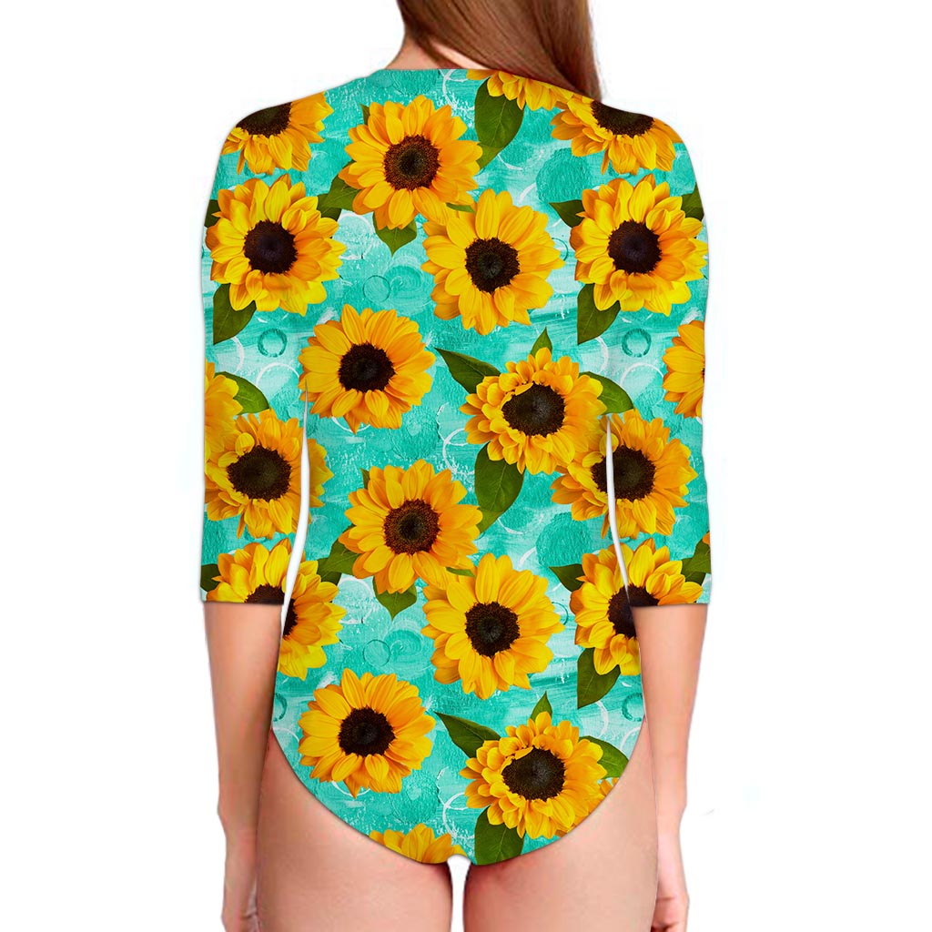 Bright Sunflower Pattern Print Long Sleeve Swimsuit