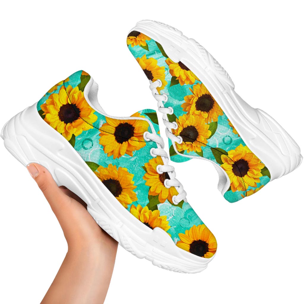 Bright Sunflower Pattern Print White Chunky Shoes