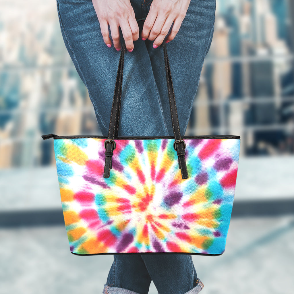 Bright Swirl Tie Dye Print Leather Tote Bag