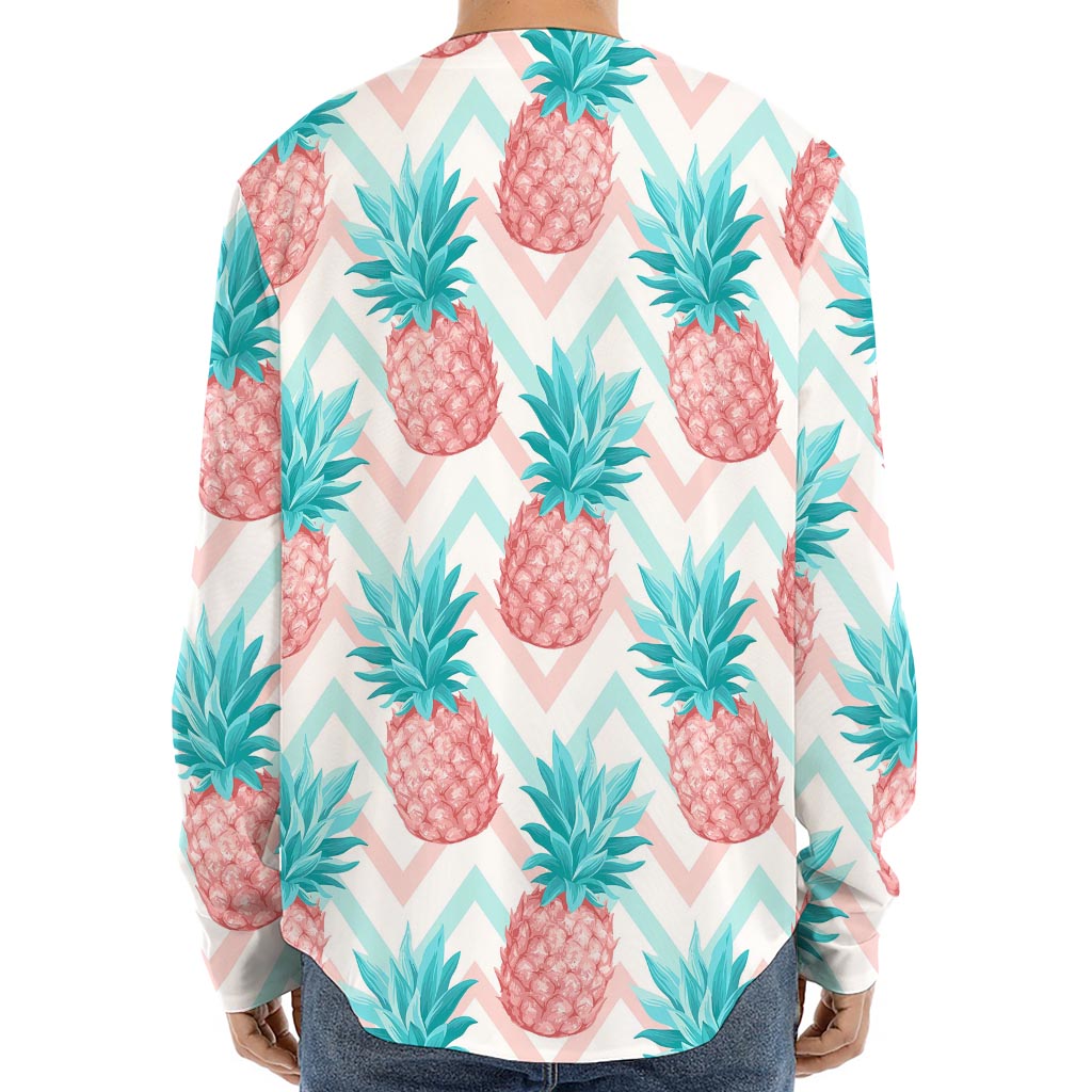 Bright Zig Zag Pineapple Pattern Print Long Sleeve Baseball Jersey