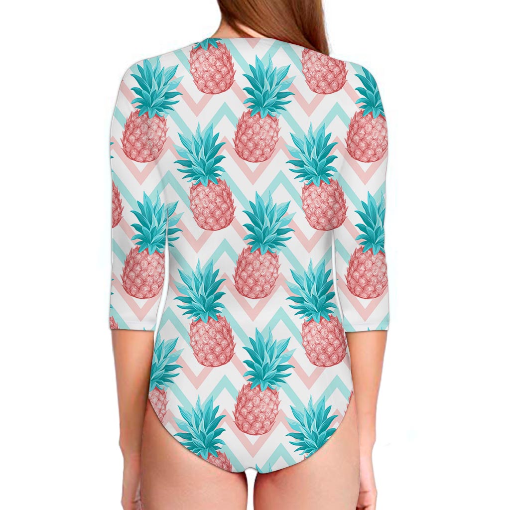 Bright Zig Zag Pineapple Pattern Print Long Sleeve Swimsuit