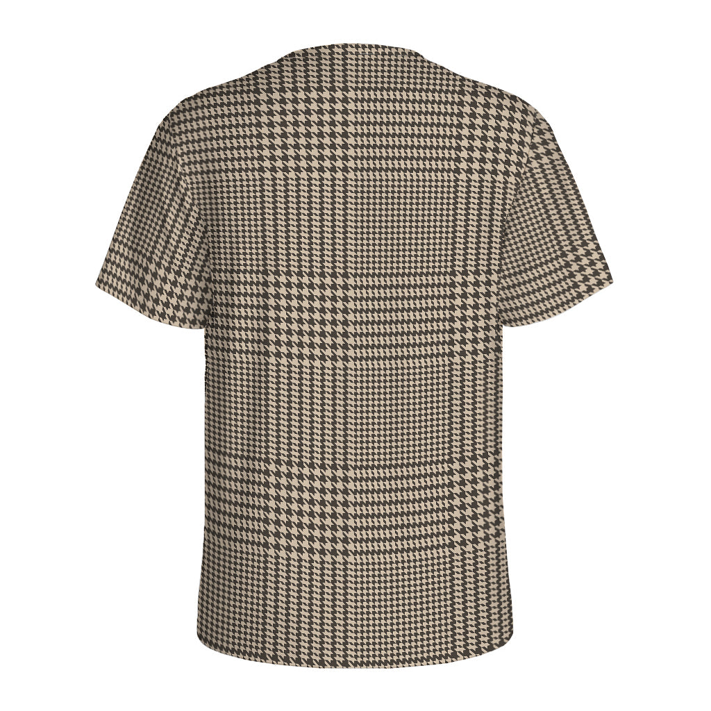 Brown And Beige Glen Plaid Print Men's Sports T-Shirt