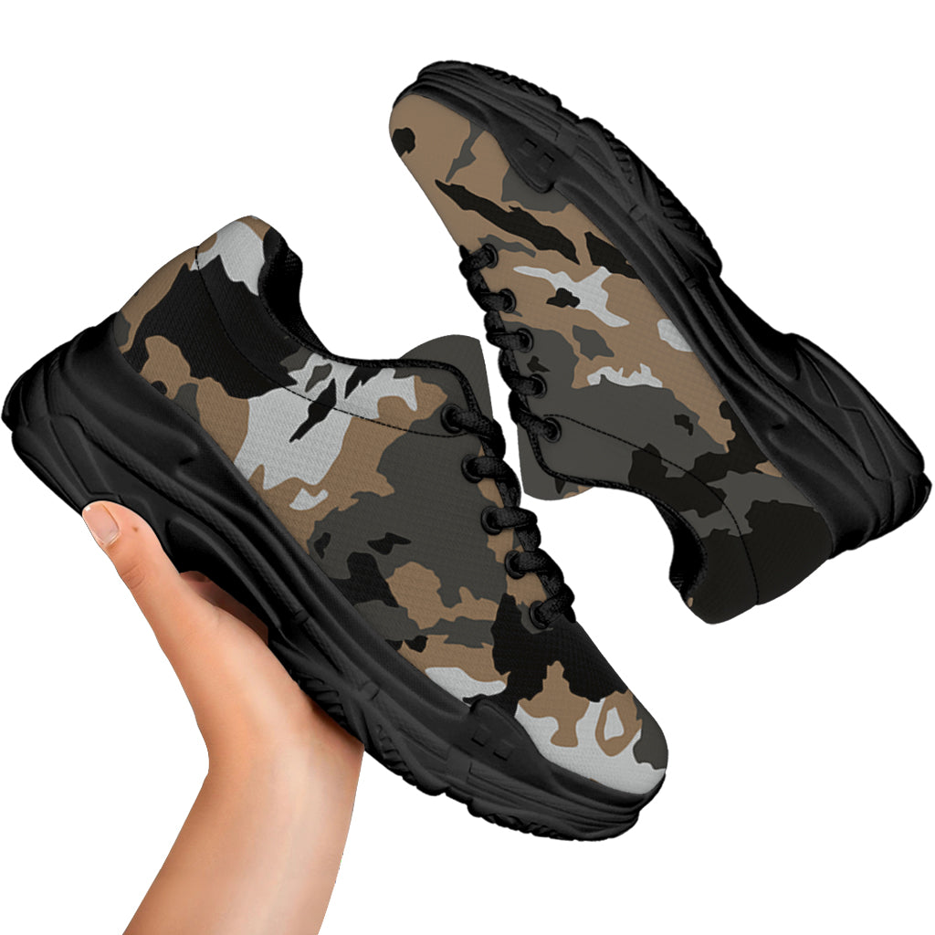 Brown And Black Camouflage Print Black Chunky Shoes