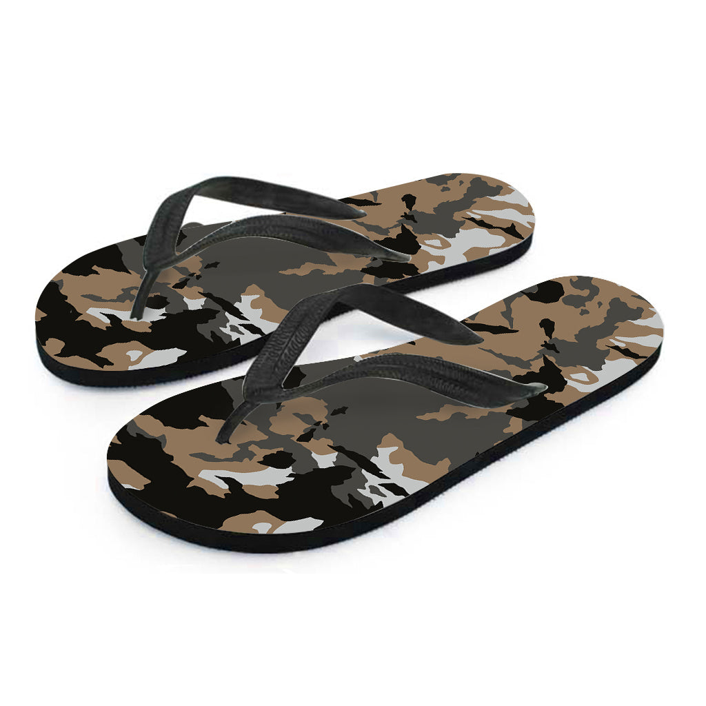 Brown And Black Camouflage Print Flip Flops