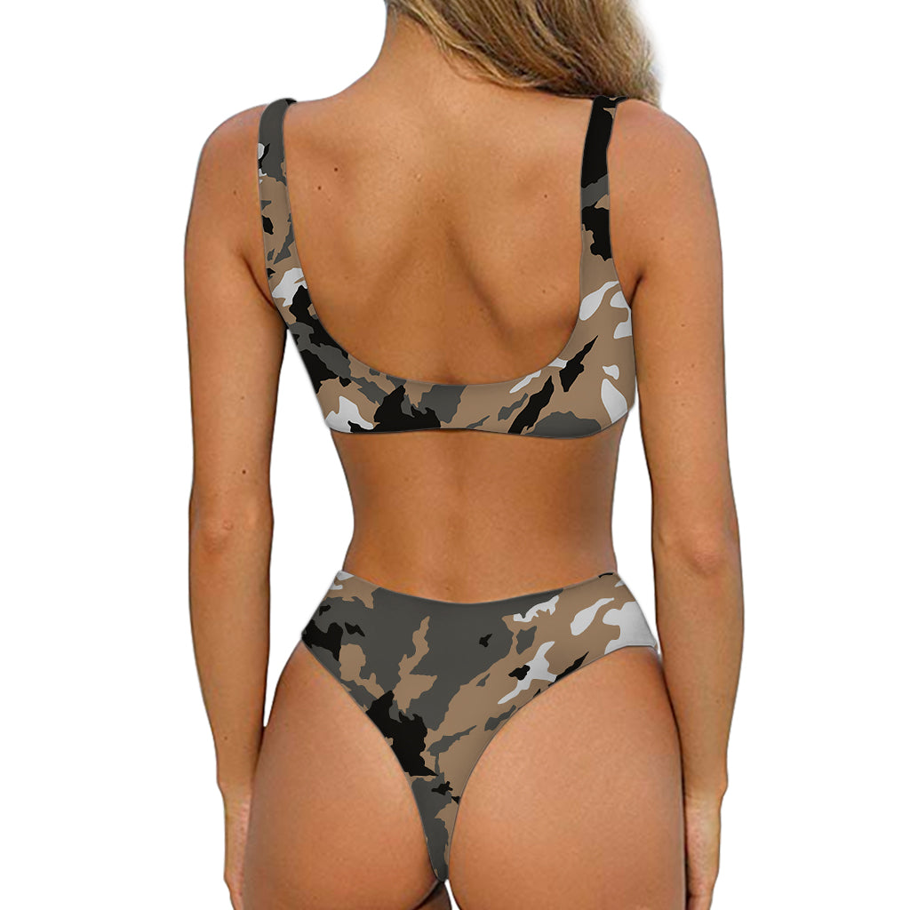 Brown And Black Camouflage Print Front Bow Tie Bikini