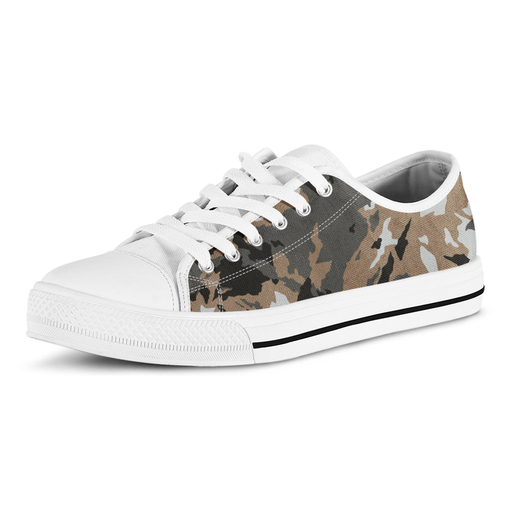 Brown And Black Camouflage Print White Low Top Sneakers