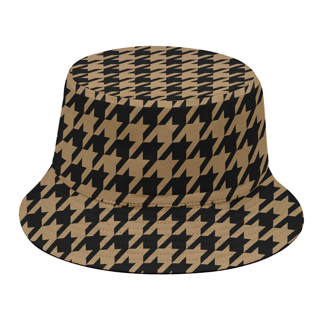 Brown And Black Houndstooth Print Bucket Hat