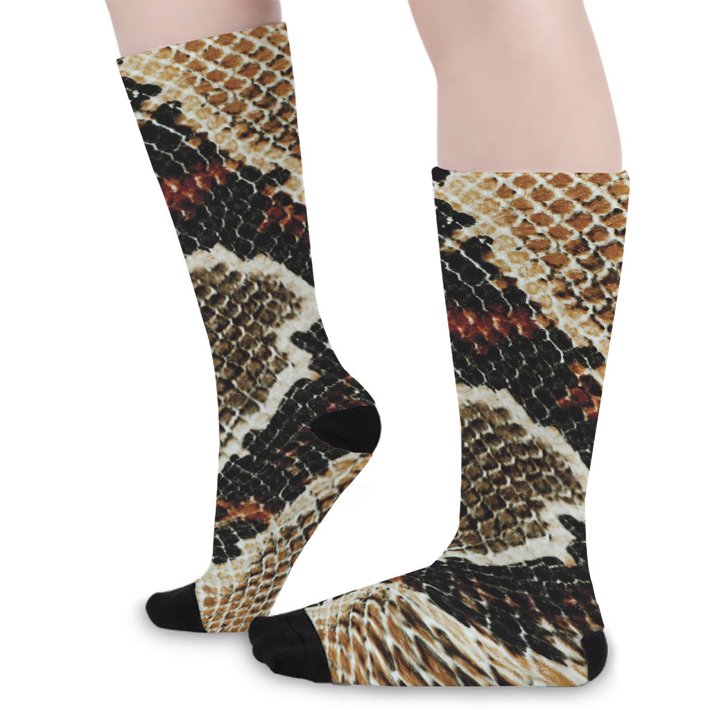 Brown And Black Snakeskin Print Long Socks
