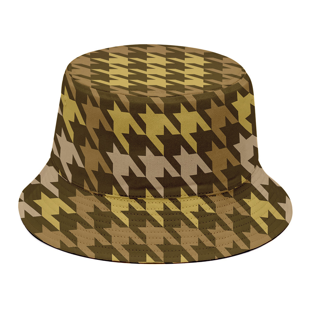 Brown And Tan Houndstooth Pattern Print Bucket Hat