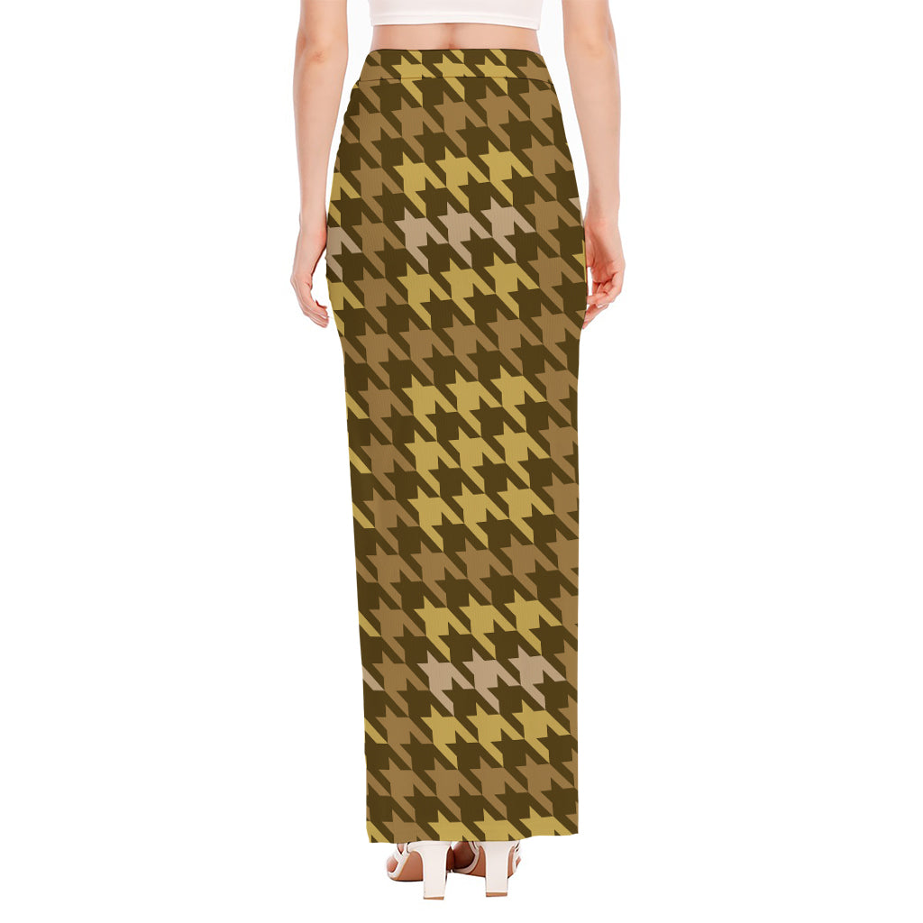 Brown And Tan Houndstooth Pattern Print High Slit Maxi Skirt