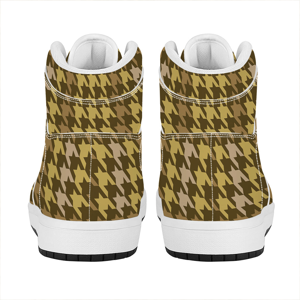 Brown And Tan Houndstooth Pattern Print High Top Leather Sneakers