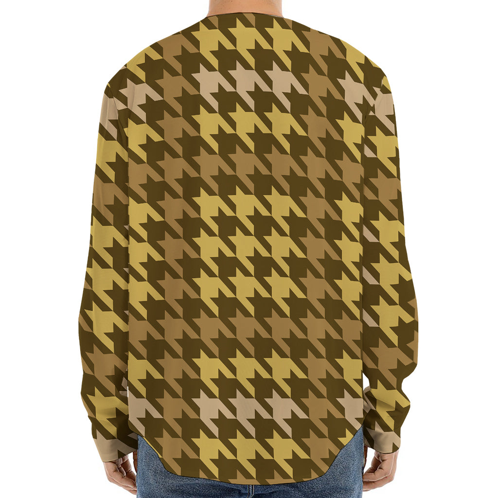 Brown And Tan Houndstooth Pattern Print Long Sleeve Baseball Jersey