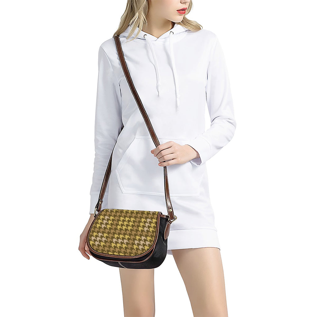 Brown And Tan Houndstooth Pattern Print Saddle Bag