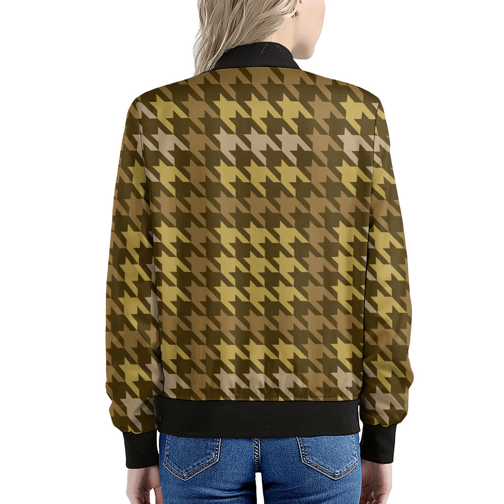 Brown And Tan Houndstooth Pattern Print Women's Bomber Jacket