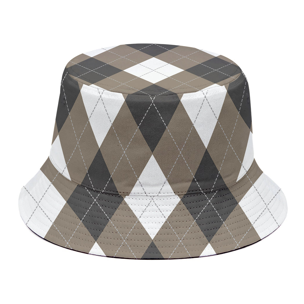 Brown And White Argyle Pattern Print Bucket Hat