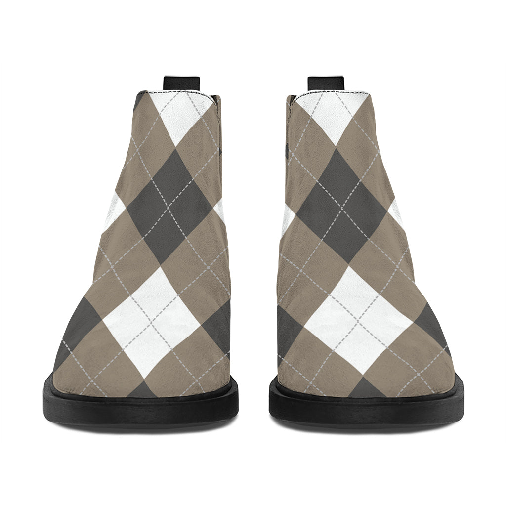 Brown And White Argyle Pattern Print Flat Ankle Boots