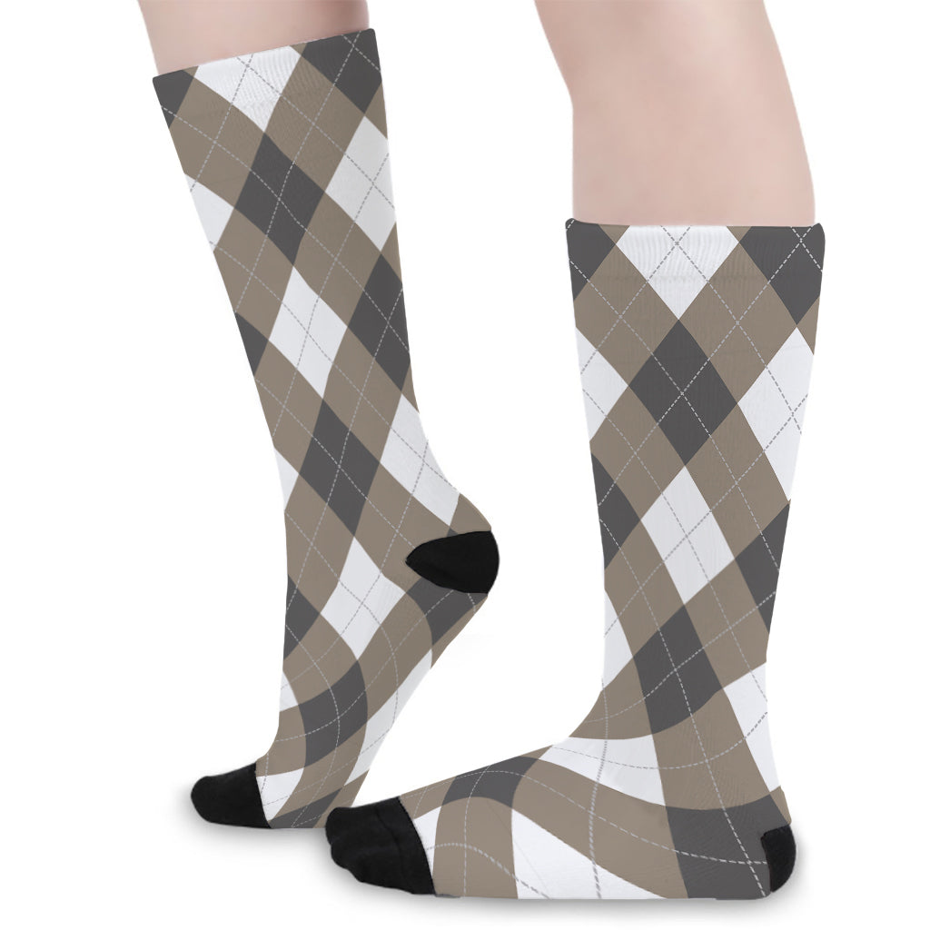 Brown And White Argyle Pattern Print Long Socks