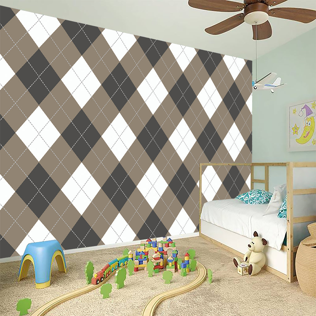 Brown And White Argyle Pattern Print Wall Sticker