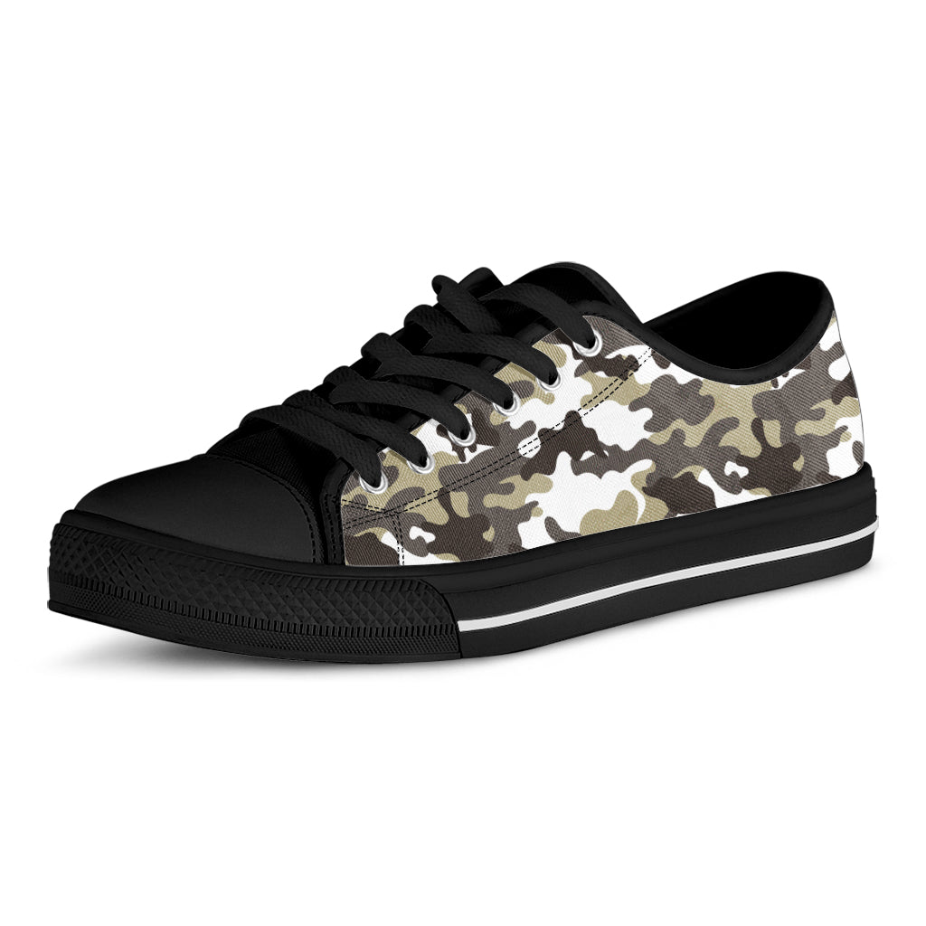 Brown And White Camouflage Print Black Low Top Sneakers