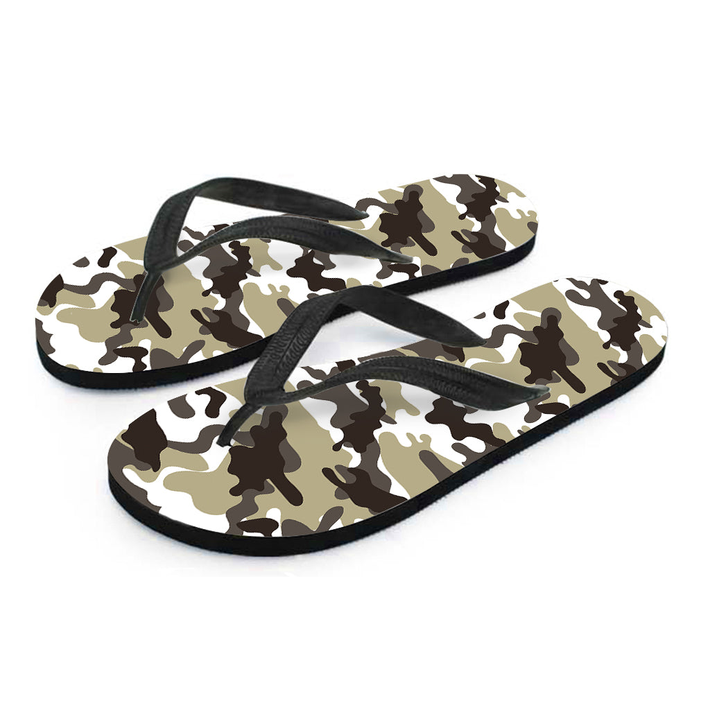 Brown And White Camouflage Print Flip Flops