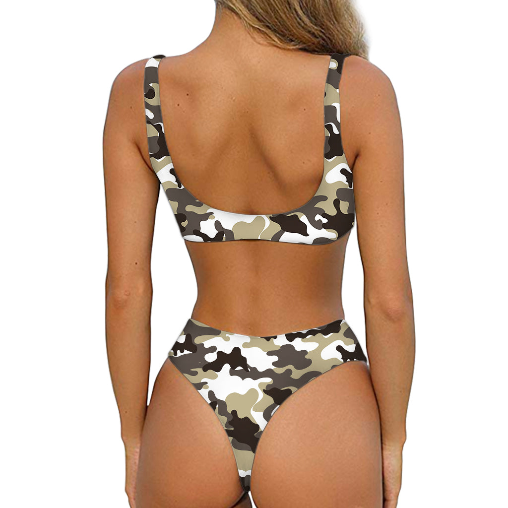 Brown And White Camouflage Print Front Bow Tie Bikini