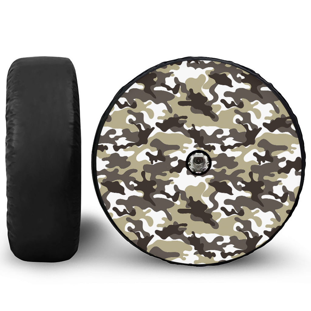 Brown And White Camouflage Print Tire Cover With Camera Hole