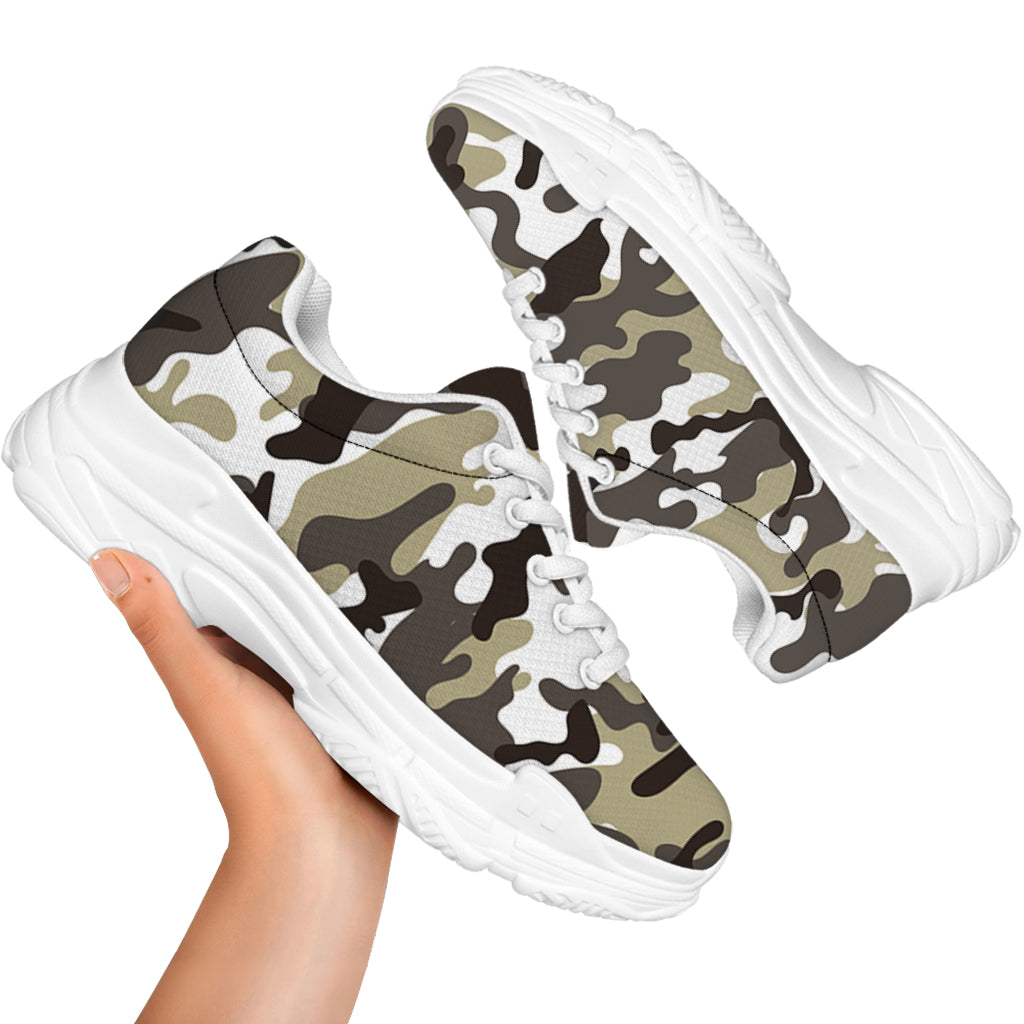 Brown And White Camouflage Print White Chunky Shoes
