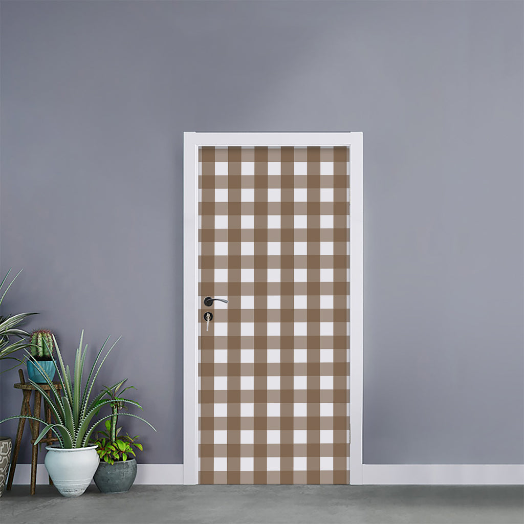 Brown And White Check Pattern Print Door Sticker