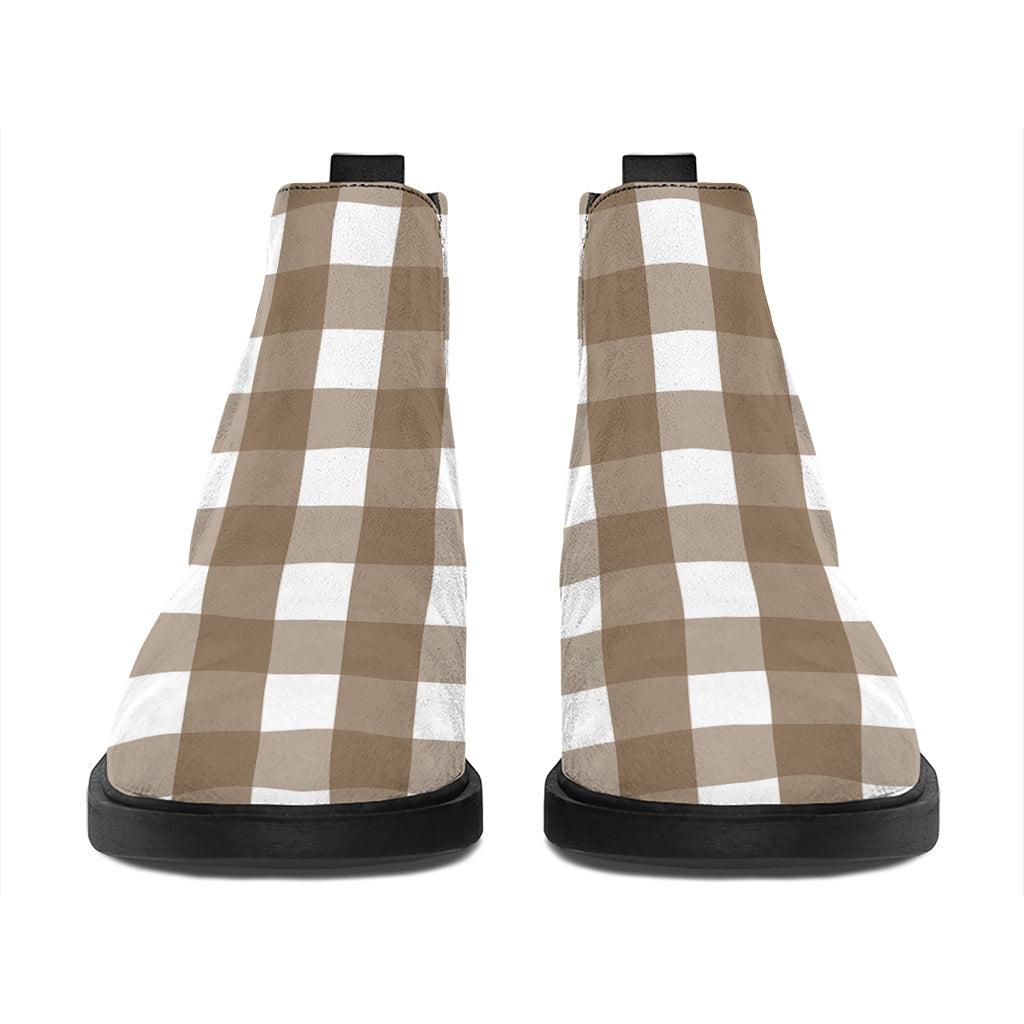 Brown And White Check Pattern Print Flat Ankle Boots
