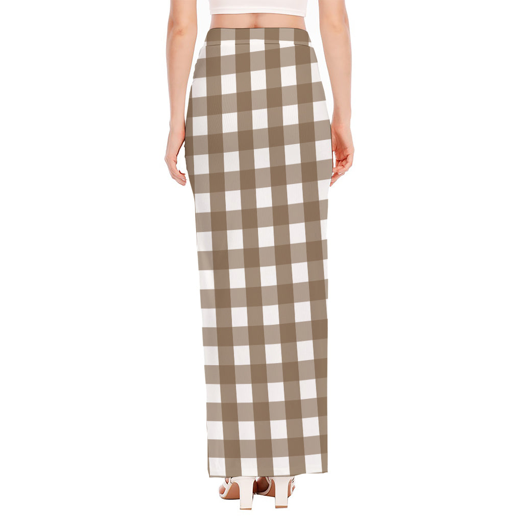 Brown And White Check Pattern Print High Slit Maxi Skirt