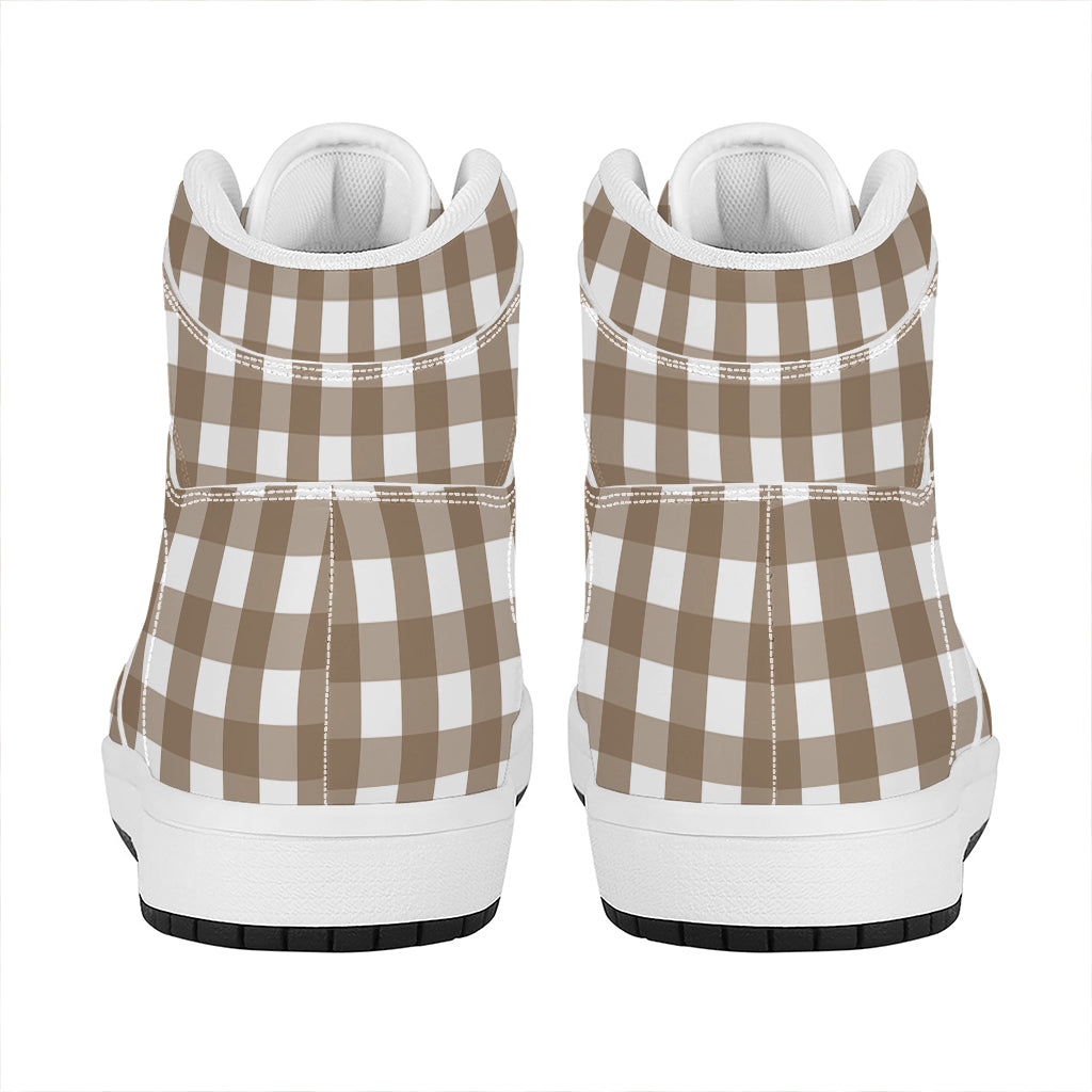 Brown And White Check Pattern Print High Top Leather Sneakers