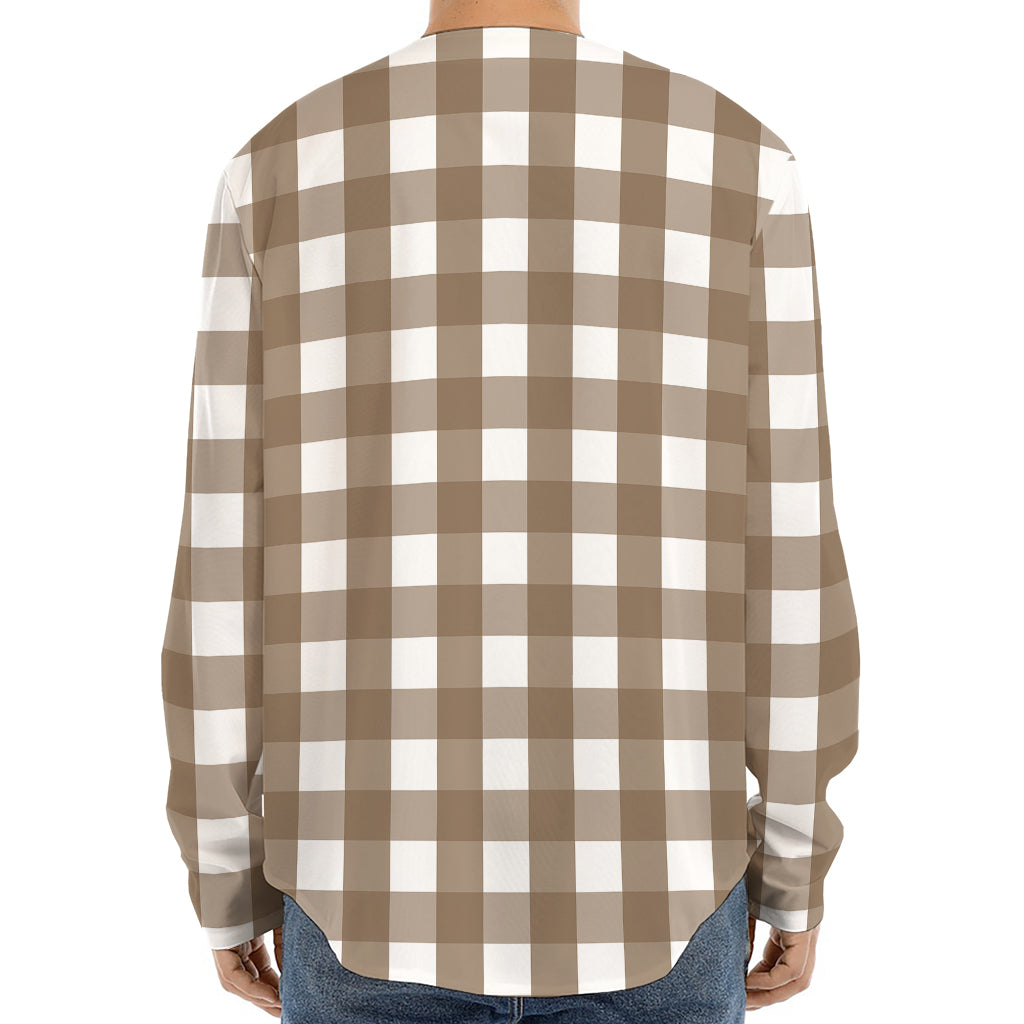 Brown And White Check Pattern Print Long Sleeve Baseball Jersey