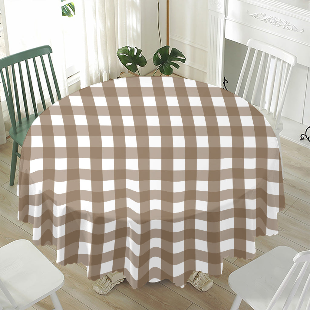 Brown And White Check Pattern Print Waterproof Round Tablecloth