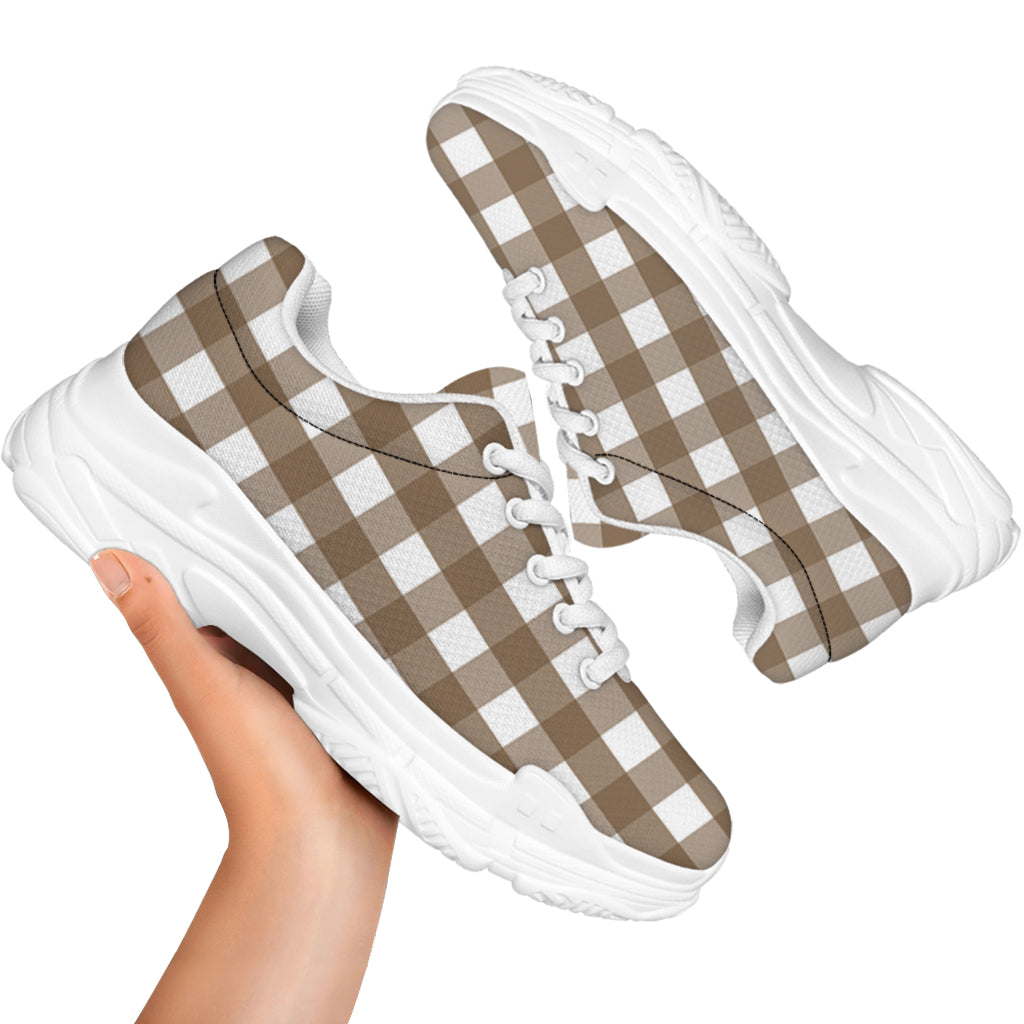 Brown And White Check Pattern Print White Chunky Shoes