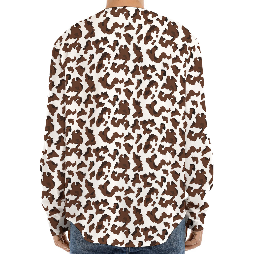 Brown And White Cow Pattern Print Long Sleeve Baseball Jersey