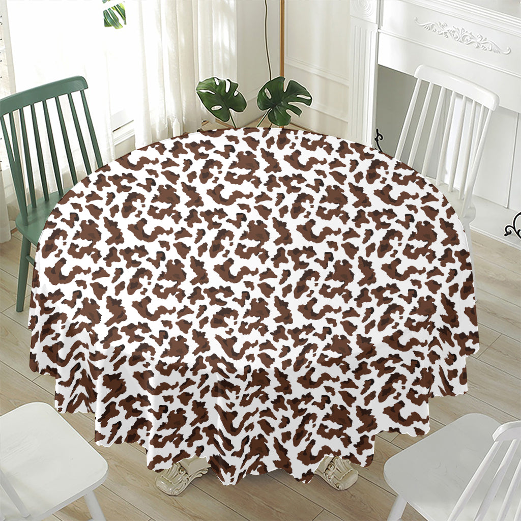 Brown And White Cow Pattern Print Waterproof Round Tablecloth