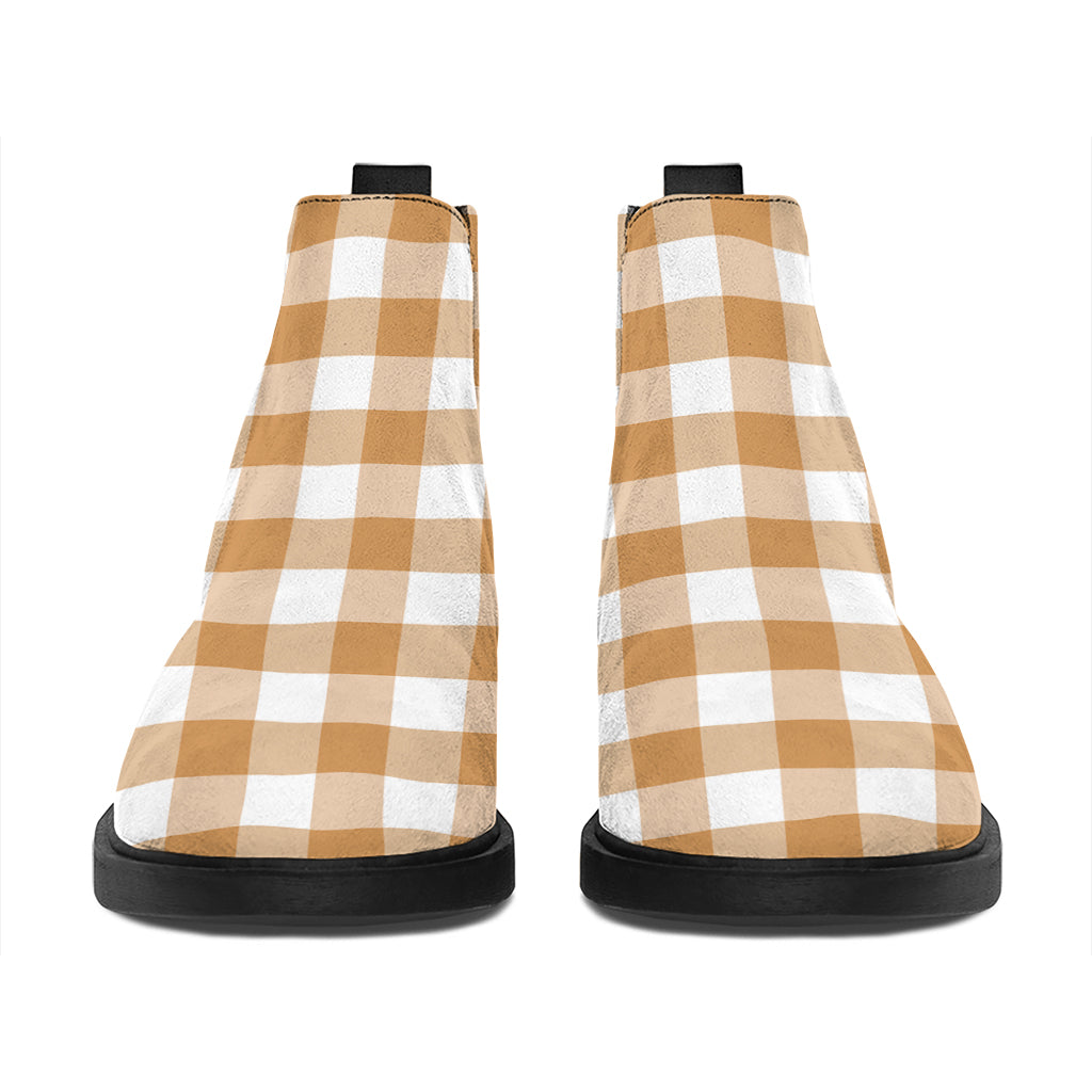 Brown And White Gingham Pattern Print Flat Ankle Boots